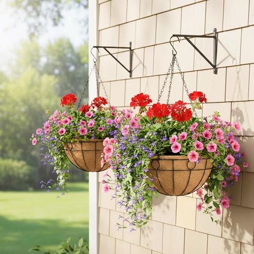 EIMQUVW Outdoor Hanging Planter(4-Pack) Black Metal Hanging Baskets with Coconut Fiber Lining 16 inch Round Chain Flower Pots for Patio Garden Greenery Decoration - size: 16 Inch, style: Circular