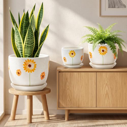 Ceramic Plant Pots,Sunflower Planters with Drainage Holes & Matching Saucer - color: White and Yellow