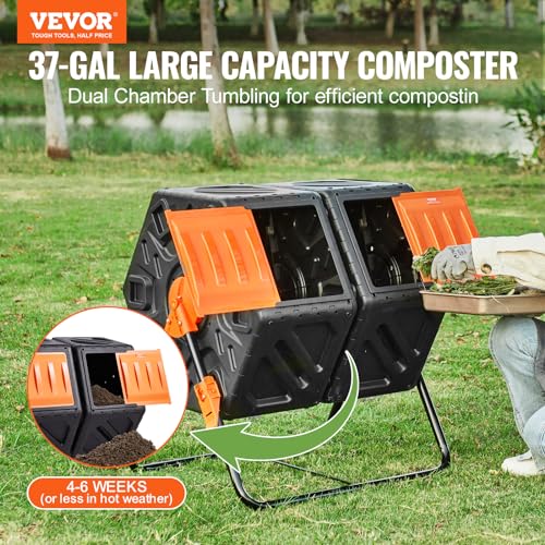 VEVOR Compost Bin, 37-Gal Dual Chamber Composting Tumbler, High Volume Two Rotating Chambers with 2 Sliding Door and Steel Frame, BPA Free Composter Bin Tumbler for Garden, Kitchen, Yard, Outdoor - size: 37 Gal
