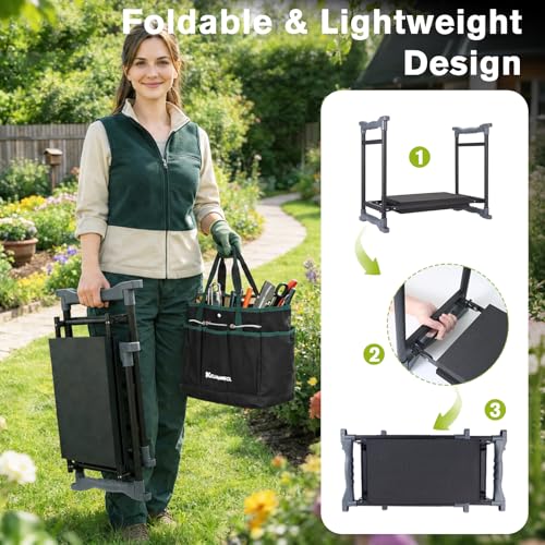 Garden Kneeler and Seat with Umbrella,Heavy Duty Gardening Bench and Stool - color: Beige & Green