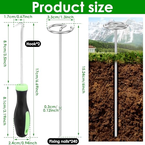 240 Pcs Landscape Fabric Pins 6 inch, Thickened 8 Gauge Circle Top Garden Stakes, Landscape Staples Pins with 2 Puller Hooks for Tent Weed Barrier Fabric Plant Cover Landscape Pins Stronger - size: 6inch-240pcs