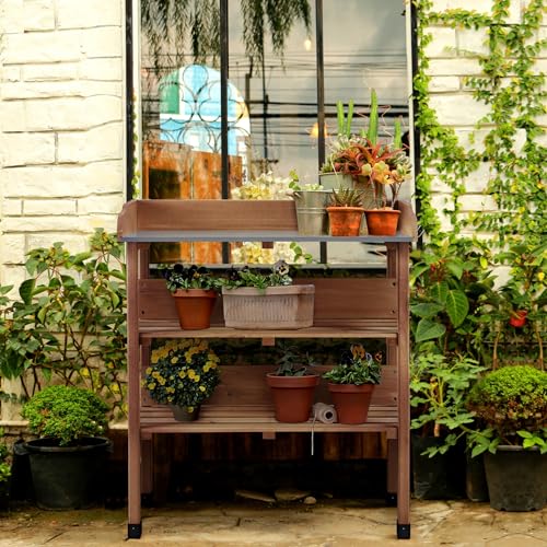 Topeakmart Potting Bench, Metal Top Garden Table for Outdoors,Brown - color: Brown