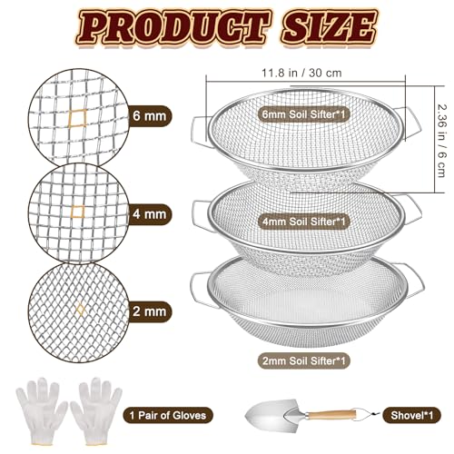 3PCS Soil Sifter 2,4,6mm Rock Sifting Screen with Handle Shovel Gloves - size: 3PCS(1/9in,1/6in,1/4in)