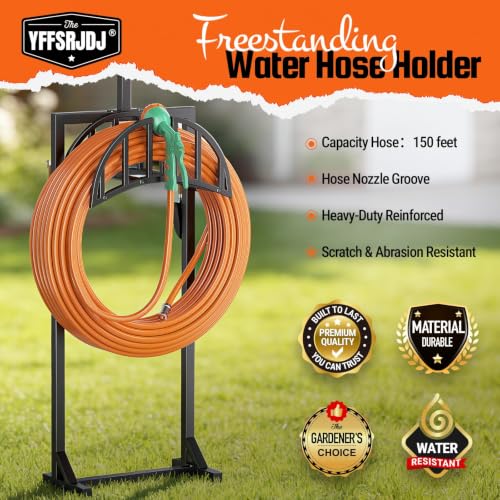 Garden Hose Holder, Water Hose Stand for Outside with 4 Stake and 2 Shepherds Hooks, Freestanding Hose Storage Holds 150Ft, Heavy-Duty Metal Hose Hanger Rack for Yard, Lawn, Farm