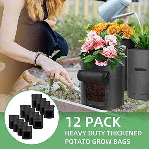 LITLANDSTAR 12 Pack 7 Gallon Potato Grow Bags, Heavy Duty Nonwoven Fabric Garden Planting Bag Plant Container with Flap and Handles, Aeration Fabric Pots for Growing Vegetable, Fruits and Flowers - size: 7 Gallon