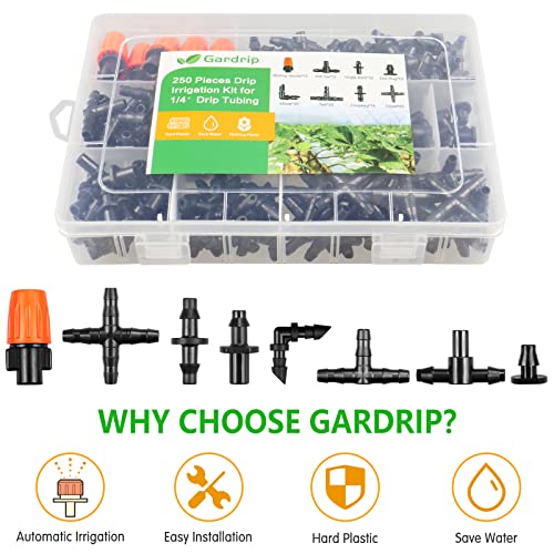 250 Pcs Drip Irrigation Fittings Kit for 1/4" Tubing:Gardrip 1/4 Inch Drip Irrigation Barbed Connectors (Nozzles, Nozzle Tees, Single Barbs, Couplings, Tees, Elbows, Plugs, Crosses) for Garden Systems - color: Complete Kit with Box-250P