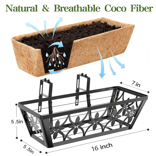 16 Inch Window Boxes Planters Railing Planter Box - 2 Pack Deck Railing Planter Boxes with Adjustable Brackets Coco Liners Balcony Planters Railing Hanging for Window Flower Boxes Outdoor Garden Decor - size: 16 Inch