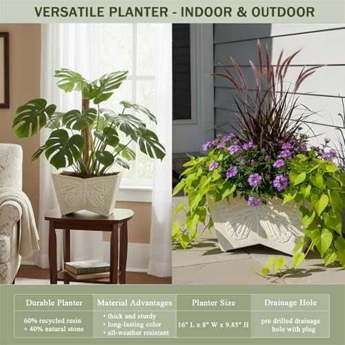 GreenShip 16 Inch Large Resin Flower Pots Set of 2 with Drainage Hole Beige - style: Beige-2 Pack