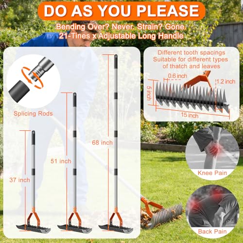 21-Tine Thatch Rake for Lawn,15" Heavy Duty Dethatcher Rake with 68" Handle - color: Orange