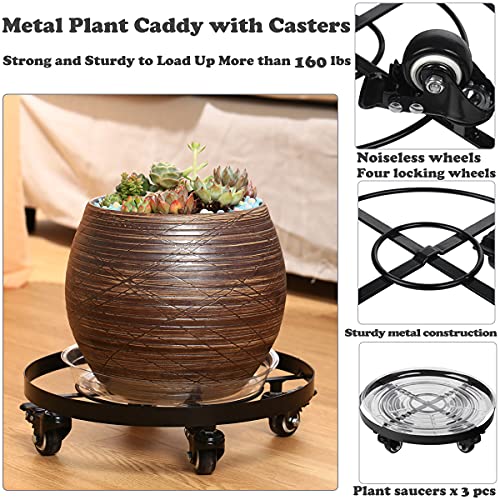 3 Packs Metal Plant Caddy 10.6 Inches Plant Dolly Coasters with Wheels Heavy Duty Rolling Plant Stand with Casters for Indoor Outdoor Flower Pot Mover Rollers Black, Plastic Saucers Included - color: Black, size: 10.6"/ 3 packs