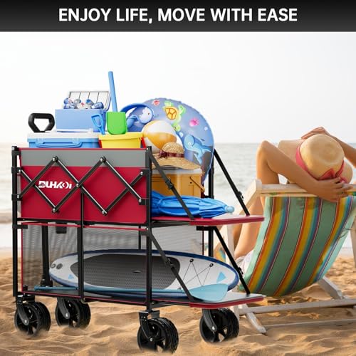 Double Decker Collapsible Wagon with Brakes,Compact with Tailgate - color: Rose Pink