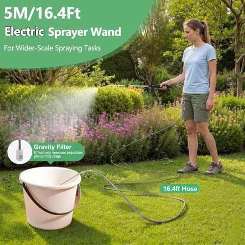 Battery Powered Sprayer Wand,23.6" Electric Sprayer Telescopic Wand with 3 Adjustable Spray Forces Portable Garden Sprayer with 16.4ft Hose 3 Water Hose Nozzle for Lawn and Garden Plant Watering
