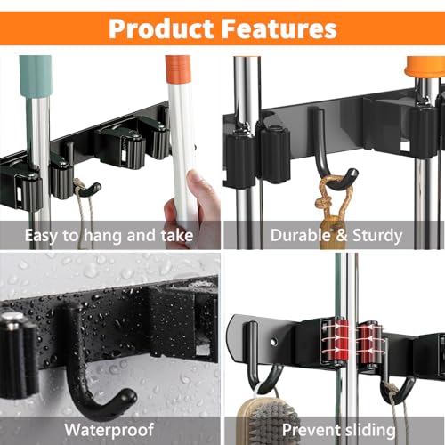 CUXIXA Mop and Broom Holder Wall Mount for Kitchen Laundry Room Decor - color: Black, size: 3 Racks with 4 Hooks