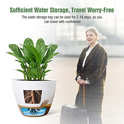 WOUSIWER 10 inch Self Watering Planters, 2 Pack Large Plastic Plant Pots with Deep Reservior and High Drainage Holes for Indoor Outdoor Plants and Flowers, White with Terracotta - color: White With Terracotta