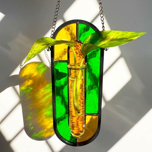 LITMIND Multi-Color Stained Glass Propagation Station - Handcrafted Translucent Suncatcher Planter with 2 Tubes, Hanging Hydroponic Décor for Windows & Garden - color: Style A03 (Citrus Grove)