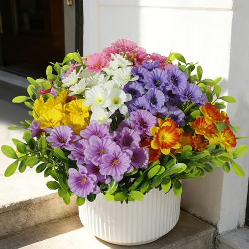 Faux Outdoor Plants UV Resistant, 12pcs Realistic Artificial Flowers, Silk Daffodils Flowers for Outdoor Planters, Colorful Faux Flowers & Plants for Garden Outside Patio Porch Window Home Decor - color: Multi Color(mixed 6 Colors), size: 12 pcs