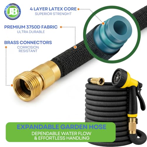 J&B XpandaHose 100ft Expandable Garden Hose, Lightweight, Brass Connectors - color: Black, size: 100ft