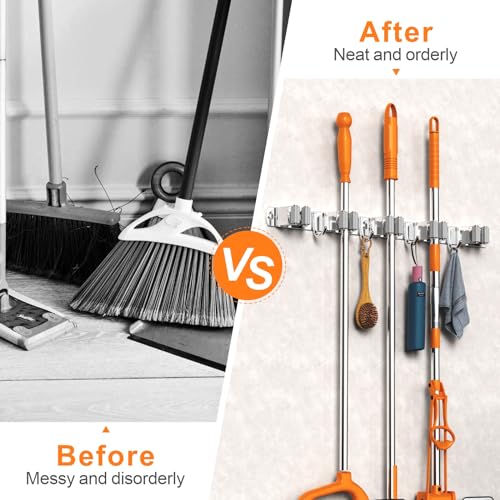 2 Pack Mop and Broom Holder Wall Mount for Kitchen Garage Laundry Room - color: Silver, size: 2 Pack 5 Racks with 4 Hooks