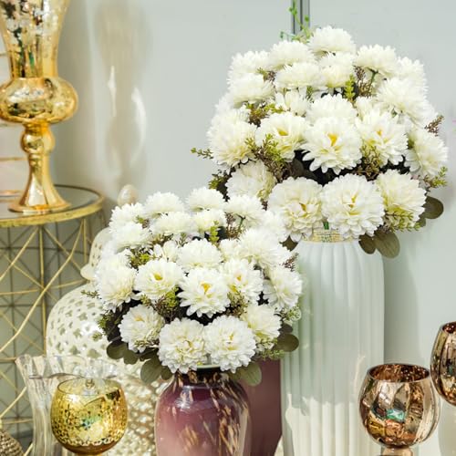 Fall Flowers Artificial Mums 2 Pcs 18 Heads Silk Chrysanthemums Fake Mums Faux Floral Bouquet Arrangements for Home Decor Indoor Outdoors Planter Pots Porch Wedding Autumn Decoration (White) - color: White