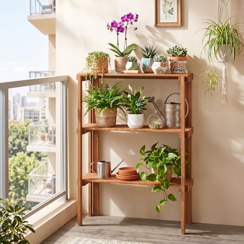 Giantex Foldable Plant Shelf, 3-Tier Solid Wood Indoor Outdoor Flower Pot Display Rack, Corner Storage Bookshelf, Freestanding Tiered Plant Stand for Garden Patio Balcony, No Assembly - size: 3-Tier