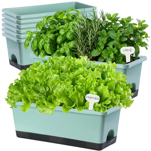 Oliz Window Box Planter 8 Pcs, 17 Inches Rectangle Flower Pots with Drainage Holes & Trays, Vegetable Planters for Windowsill Patio Garden Balcony Home Indoor Outdoor (Green, 16 * 7 * 6 inch) - color: Green