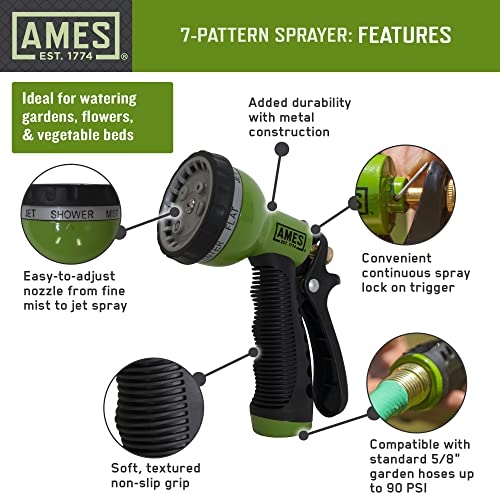 AMES Water Hose Nozzle Sprayer, 7 Spray Patterns, High Pressure, Heavy Duty, Shower, Flat, Center, Cone, Soaker, Mist, Metal with Lock, For Lawn or Garden, Soft Grip, Green/Black - style: 7-Pattern Spray