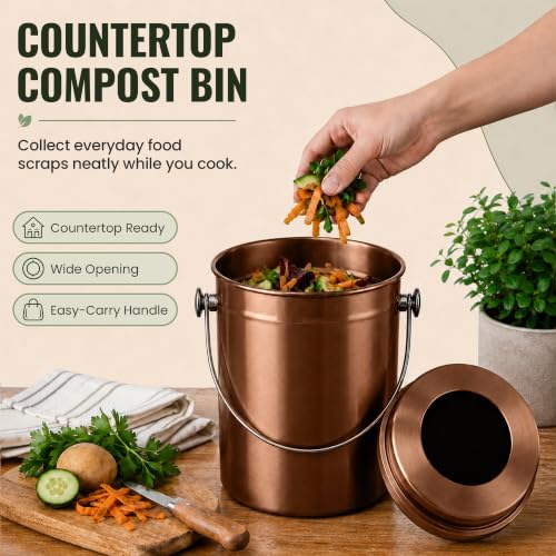 Epica Kitchen Compost Bin for Kitchen Countertops, 1.3 Galllon - Copper - color: Copper