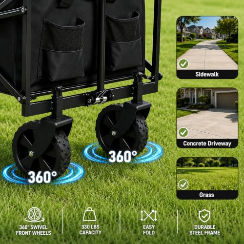 Compact Folding Wagon Cart, Collapsible Utility Wagon with Side Pockets