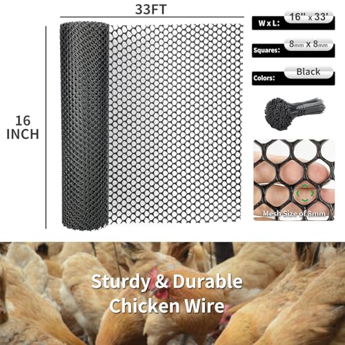 Plastic Wire Mesh Fence 16in x 33Ft Plastic Chicken Wire Mesh for Poultry, Dogs, Rabbit, Snake Barrier & Gardening Versatile Plastic Fencing (16in x 33Ft, Black) - color: Black, size: 16in x 33Ft