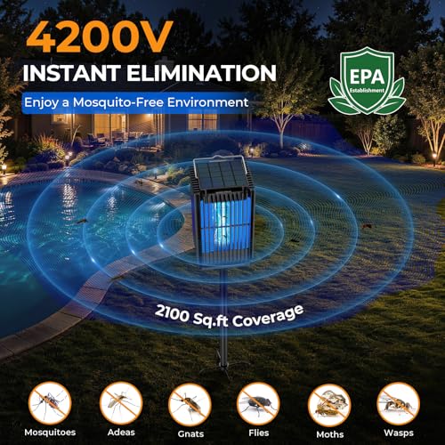 Solar Bug Zapper Outdoor, Solar Mosquito Zapper Outdoor with Ground Bracket, AUTO On/Off Solar Fly Zapper with Illuminated Light, Rechargeable Cordless Mosquito Traps for Camping Paito Backyard Garden