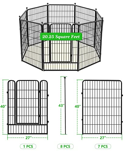 Decorative Black Metal Fencing Garden Fence with Gate, 18ft(L) 40in(H) 8 Fence Panels No Dig Fence Rustproof Animal Barrier Fence Temporary Dog Panels Fencing Outdoor - size: 18ft-40"H(7 Panels+1 Gate)