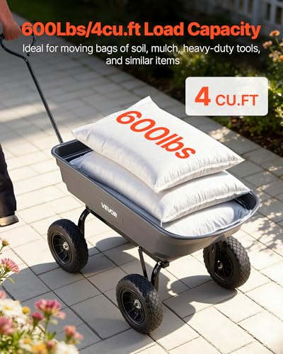 VEVOR 4 Cu.Ft 600LBS Poly Garden Cart Dump Wagon, 4 Wheel Heavy Duty Wheelbarrow with 10" Flat Free Tires, Yard Cart Dump Wagon with Quick-Release System - color: Darkgrey