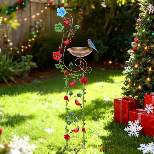 Metal Bird Bath with Trellis for Outside, 57” Height Birdbaths & Supports, Small Garden Decorative Trellises for Climbing Flowers Outdoor (Redbird) - style: Redbird