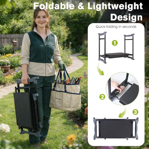 Garden Kneeler and Seat with Umbrella,Heavy Duty Gardening Bench and Stool - color: Beige & Blue