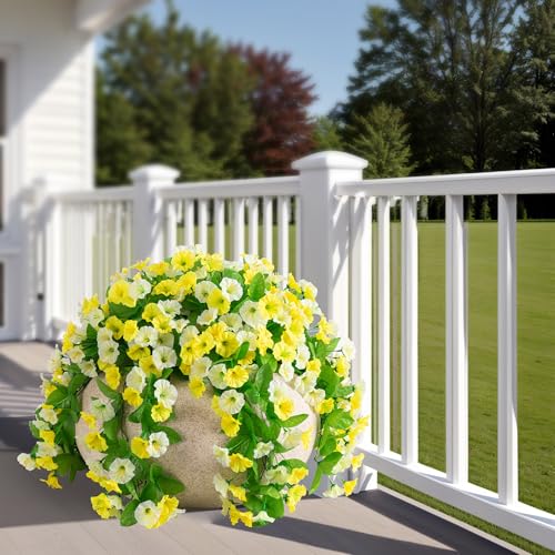 Artificial Flowers with Hanging Basket, Outdoor Faux Plants UV Resistant - color: Yellow and White