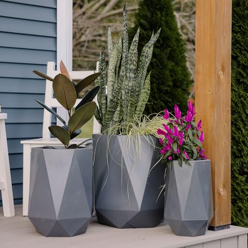 Beuta Large Poly Planters for Outdoor Plants - Set of 3, 15.5/18/20 Inches Outdoor Planters for Porch - Tall Planter for Outdoor & Indoor Plants | Large Indoor Plant Pot - USA Made - Grey - color: Apex - Grey