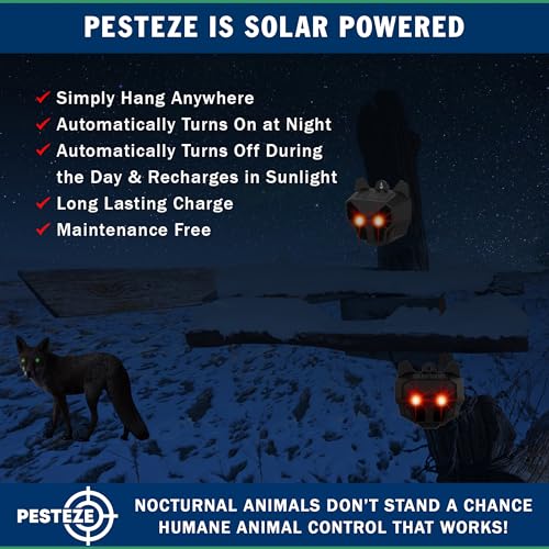 PESTEZE USA 2 Pack Solar Nocturnal Animal Repeller– Flickering Red Light Deters Deer, Coyote, Fox, Skunk, Raccoon, Rabbit & Birds; Reusable Predator-Eye Deterrent for Yards, Gardens & Livestock Safety