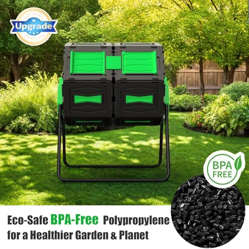Compost Tumbler, 45-Gal Dual Chamber Compost Bins, BPA-Free Tumbling Composting Bins with 2 Sliding Doors and Metal Frame,Easy Assembly Large Composter Tumbler Outdoor Compost Bin Kitchen - color: Green