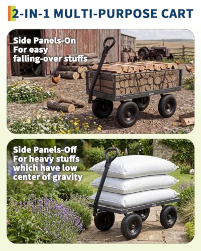 1200LB Heavy Duty Steel Garden Cart, Utility Wagon w/ 13" Tires, Mesh Sides - size: Gray 1200LBS