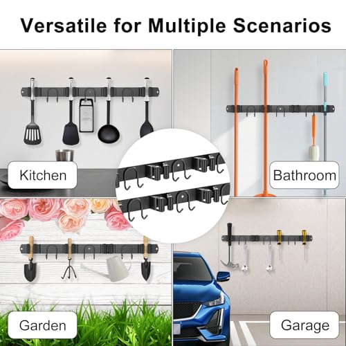 Broom Holder Wall Mount, 2 Packs Black Stainless Steel Tool Storage Organizer for Kitchen Garden Garage Laundry Room Bathroom and RV with 4 Slots 6 Hooks - color: Black-2 Pack