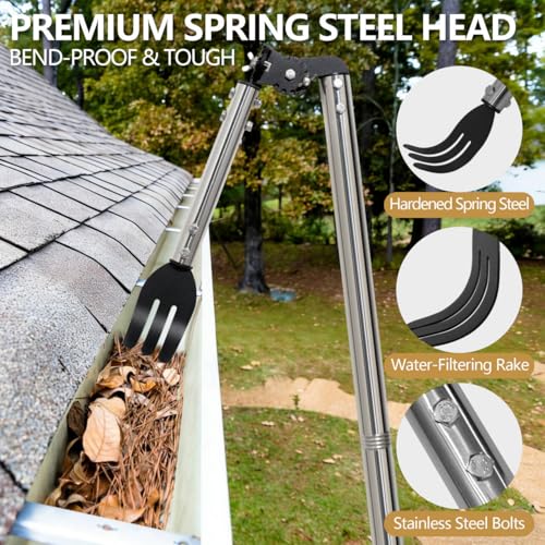 8.5 FT Gutter Cleaning Tool from the Ground with Spring Steel Rake - size: 8.5FT