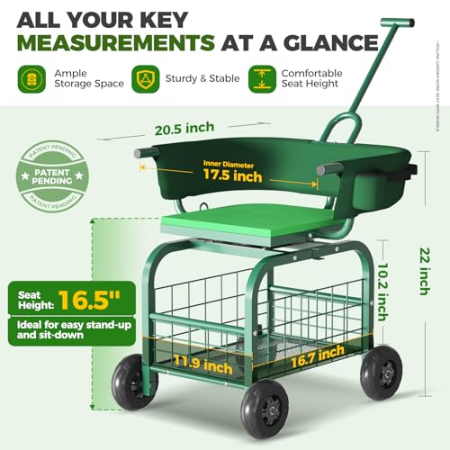 Suntee Garden Seat with Wheels, Rolling Gardening Stool with 360° Swivel Seat & Backrest,Tool Storage Basket & Back Tool Pouch, Adjustable Handle, Outdoor Gardening Scooter, Garden Cart for Seniors - color: Green