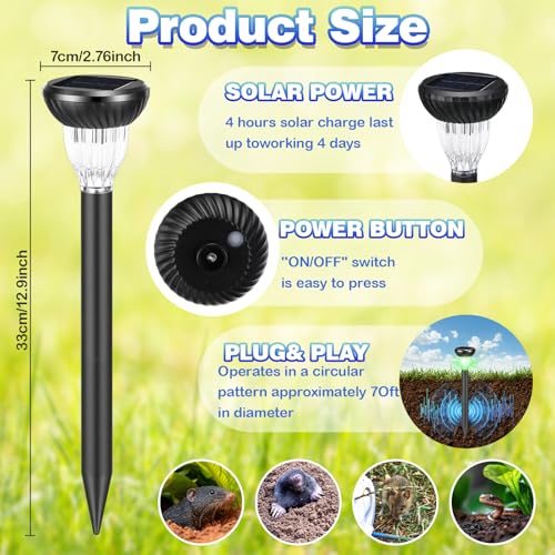 6 Pack Solar Ultrasonic Animal Repellent with RGB Color-Changing Lights, 360° Sonic Pest Deterrent for Outdoor Lawn & Garden, Solar Powered Mole, Gopher & Snake Repellent Stakes - style: Round Style