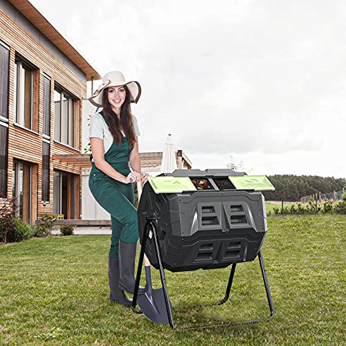 SQUEEZE master Large Compost Tumbler Bin - Outdoor Garden Rotating with Thermometer -Automatic Temperature Measurement-Sturdy Steel Frame - 43Gallon (2-21.5Gal)- Green Door - color: Green