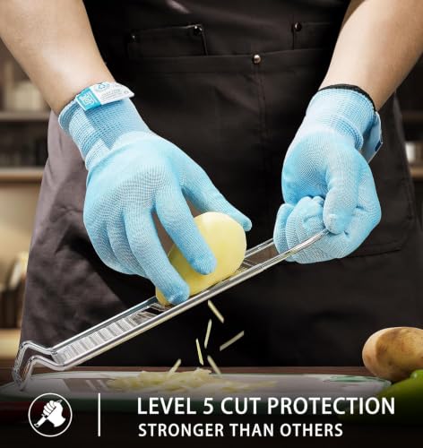 Cut Resistant Gloves with ANSI A5 Food Grade & Touch Screen Cutting Gloves,3D-Comfort Stretchy Fit, Firm Grip,Suitable For Oyster Shucking, Mandoline Slicing,Meat Cutting,Kitchen Safety - color: Blue, size: Medium (Pack of 2)