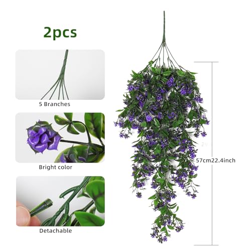 RECUTMS Artificial Fake Hanging Flowers Plants for Outdoors Decor 2Pcs - color: Purple-rose
