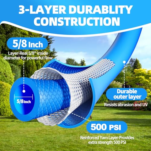 YOTOO Heavy Duty Hybrid Garden Water Hose 5/8-Inch by 25-Feet 150 PSI Kink Resistant, Flexible with Swivel Grip Handle and 3/4" GHT Solid Brass Fittings, Blue - size: 25 FT