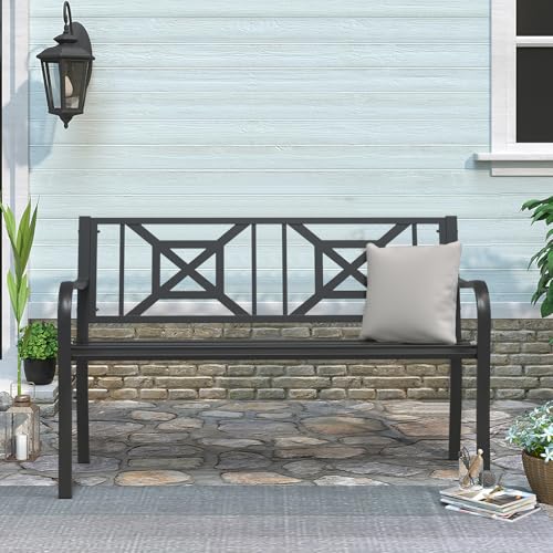 Black Outdoor Bench, Metal Weatherproof Garden Bench Cast Iron Heavy-Duty Patio Bench with Decorative Backrest for Proch Park 880lb Capacity - style: Geometric-Black