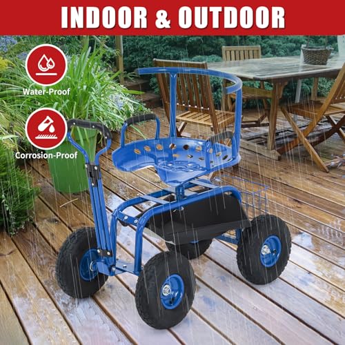 Rolling Garden Cart with Seat, Garden Workseat with 360-Degree Swivel - color: Blue+backrest