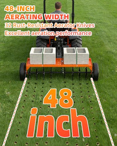 48" Tow Behind Aerator, Pull Behind Lawn Aerator Tool with Universal Hich, 32 Rust-Proof Knives & Heavy-Duty Tires, Plug Aerator for Yard & Garden Compacted Soil, Fits Lawn Tractors, ATV, UTV, Orange - color: Orange, size: 48IN